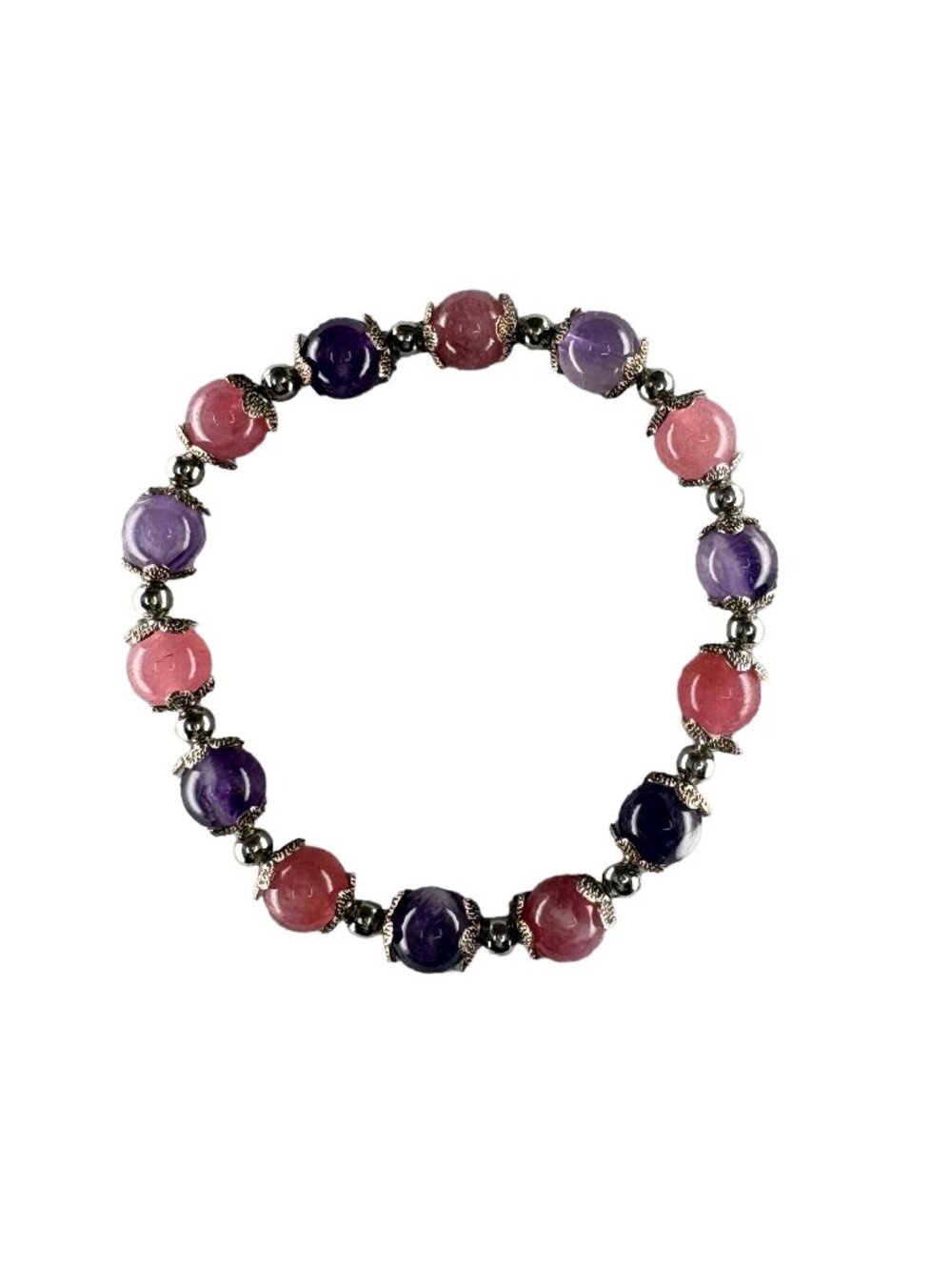 8mm Natural Amethyst Strawberry Quartz Stretch Bracelet Floral Silver Bead Gift